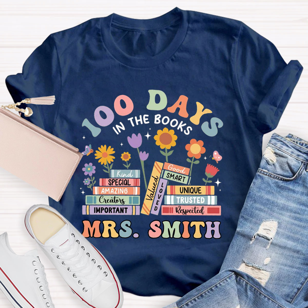 Personalized Name 100 Days In Books Teacher T-Shirt