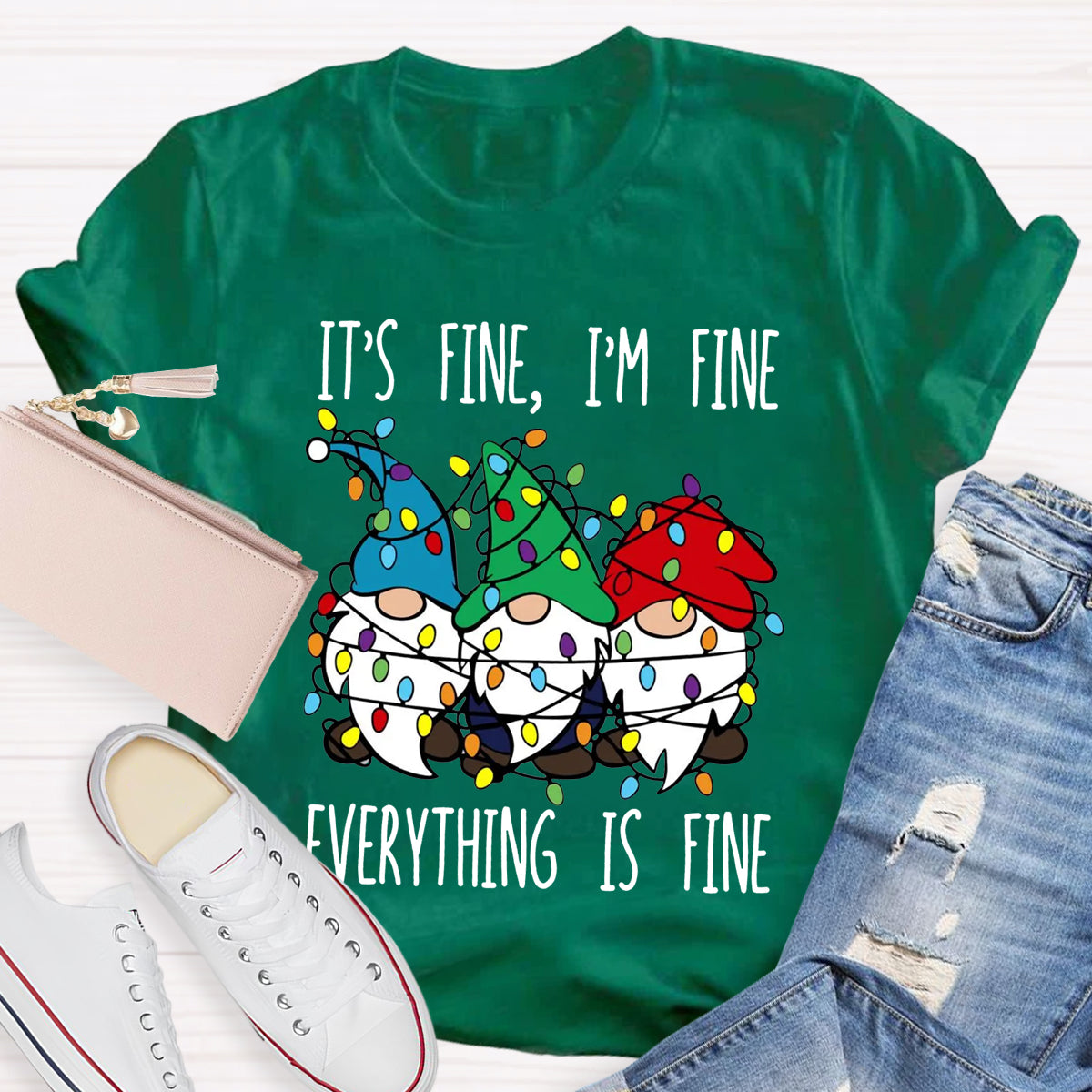 It's Fine I'M Fine Everything Is Fine Three Gnomes Christmas T-Shirt