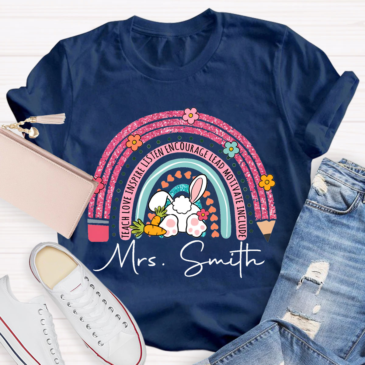 Personalized Name Easter Pink Pencil Rainbow T-Shirt