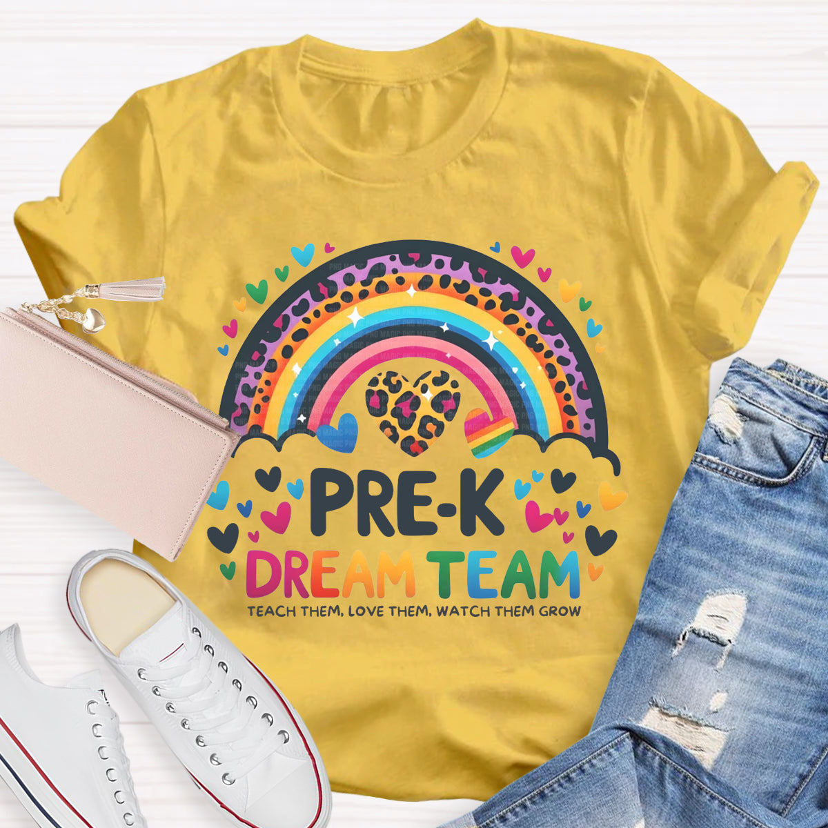 Personalized Grade Pre-K Dream Team Leopard Rainbow Teacher T-Shirt