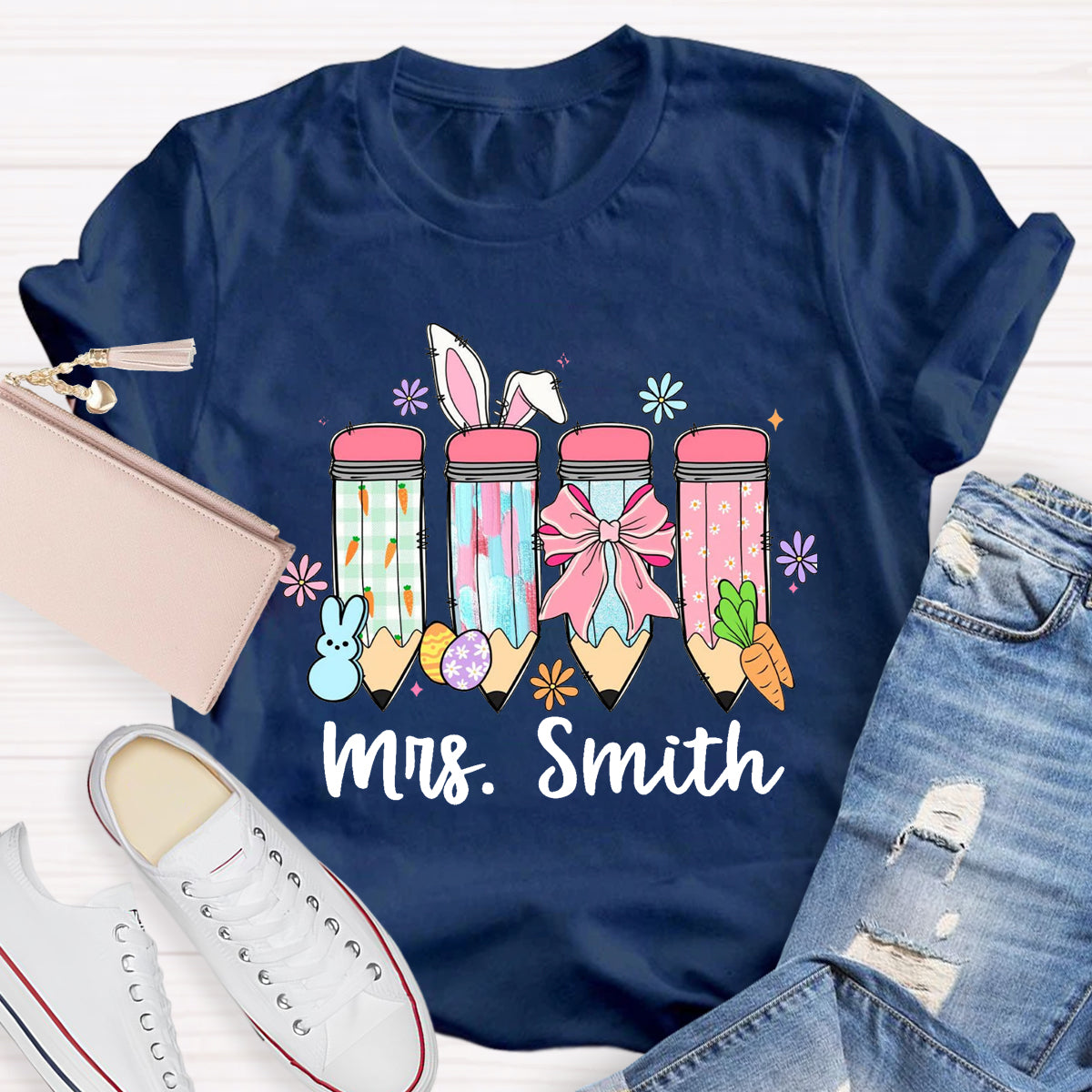 Personalized Name Easter Bunny Carrot Teacher T-Shirt