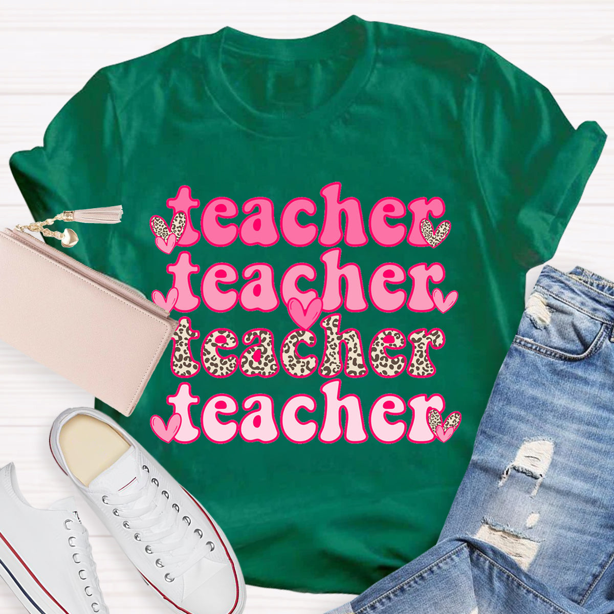 Valentine's Day Pink Leopard Teacher T-Shirt