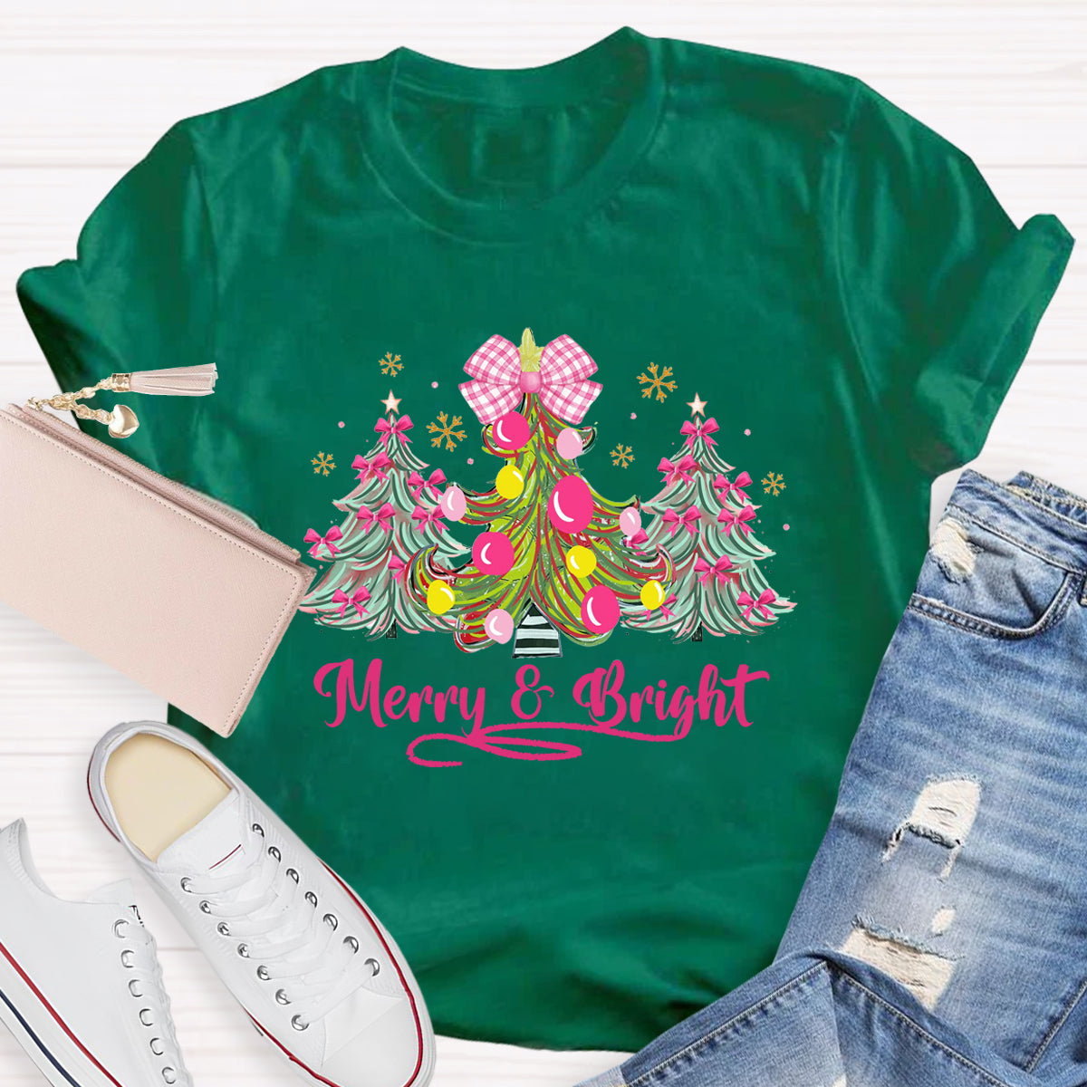 Bow Christmas Tree Merry And Bright Christmas Teacher T-Shirt