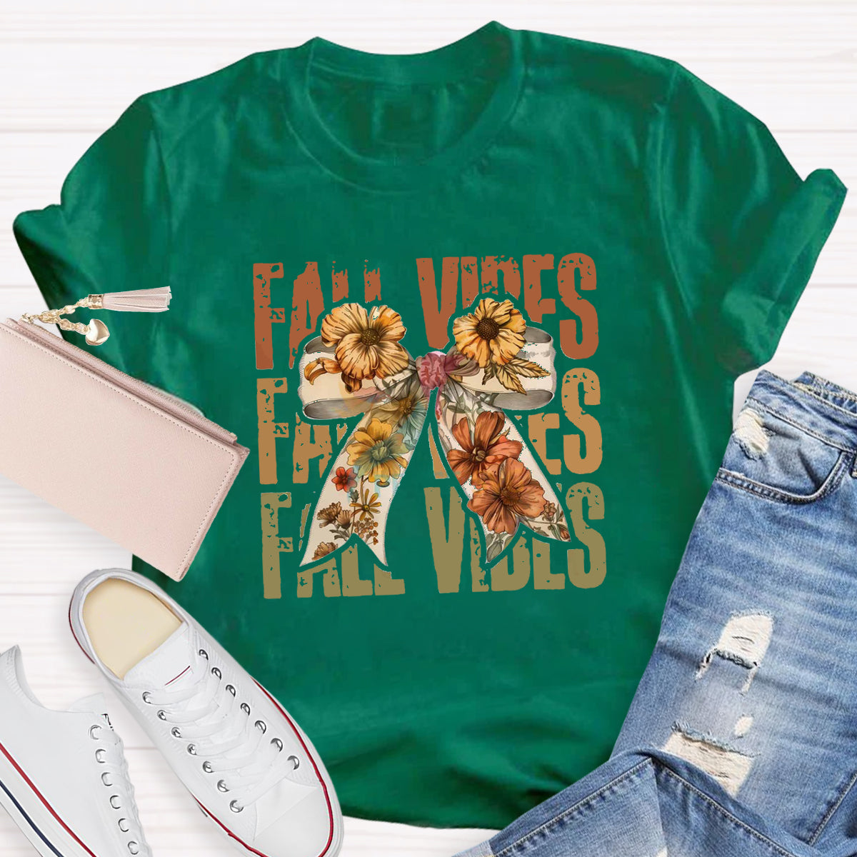 Bow Flowers Thanksgiving Autumn Fall Vibes T-Shirt