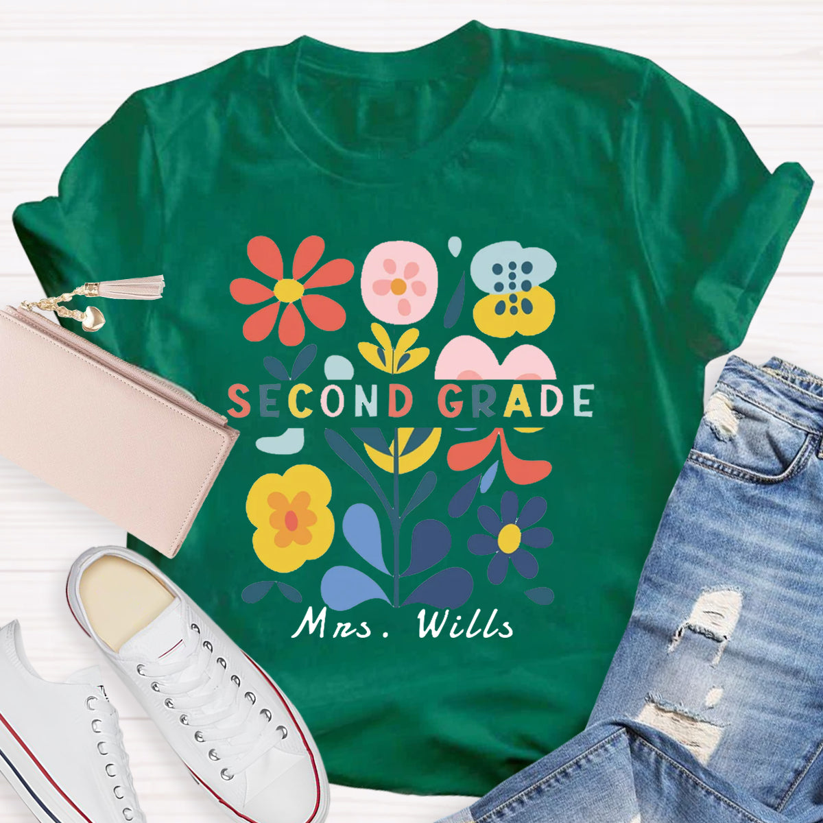 Personalized Name And Grade Floral Teacher T-Shirt