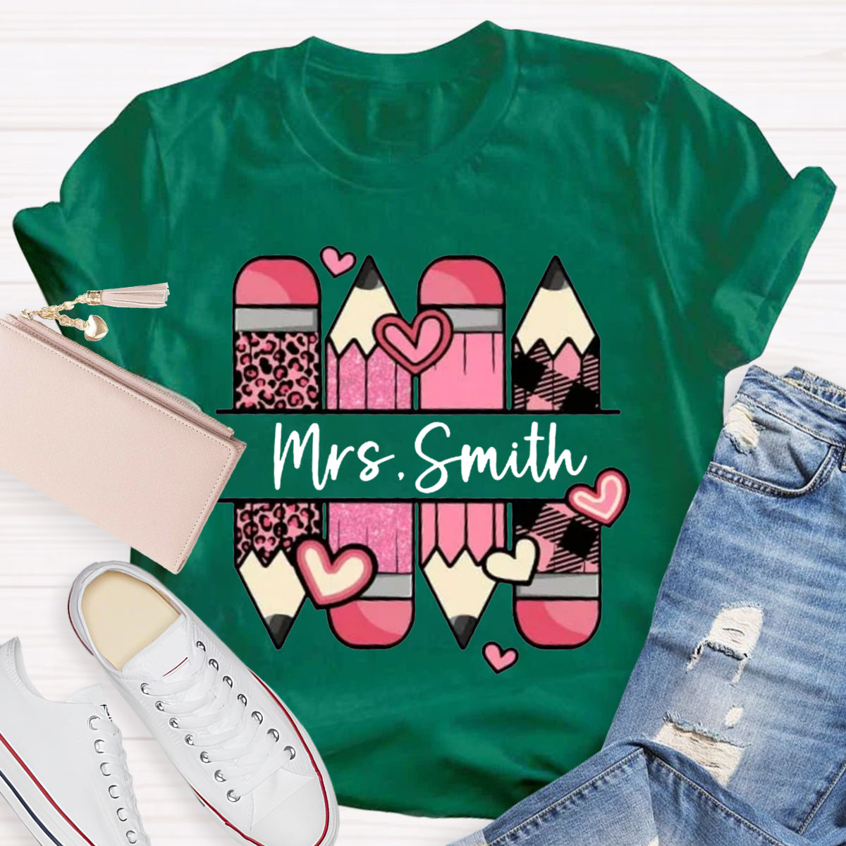 Personalized Name Pink Pencil Heart  Mrs Smith T-Shirt