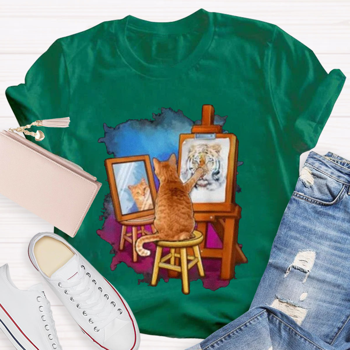 Funny Cat Painting Lion Teacher T-Shirt