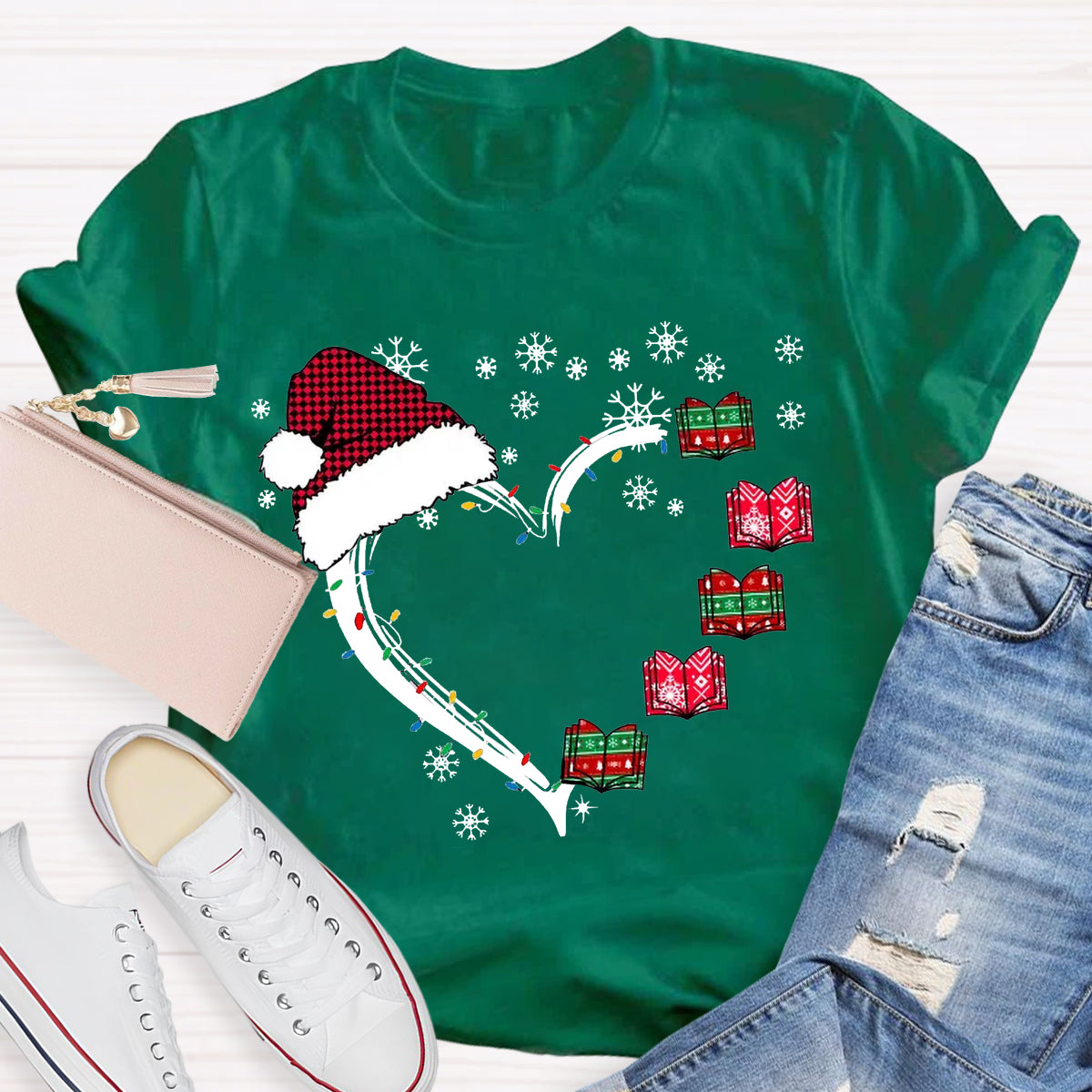 Christmas Books Heart Teacher T-Shirt