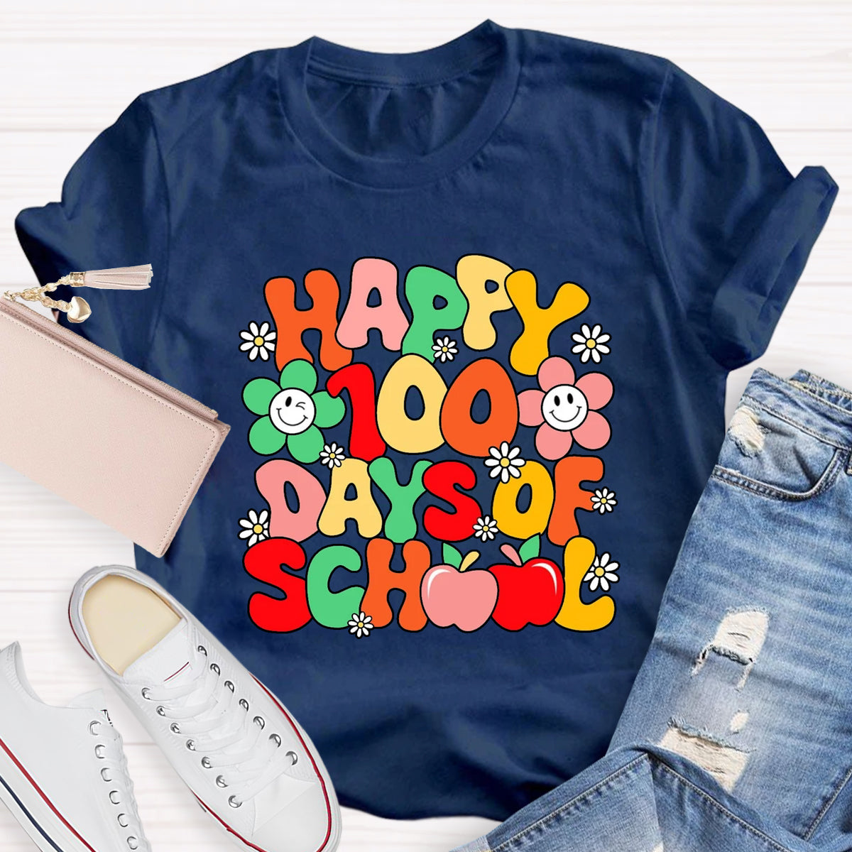 Happy 100 Days Of School Flower Apple T-Shirt