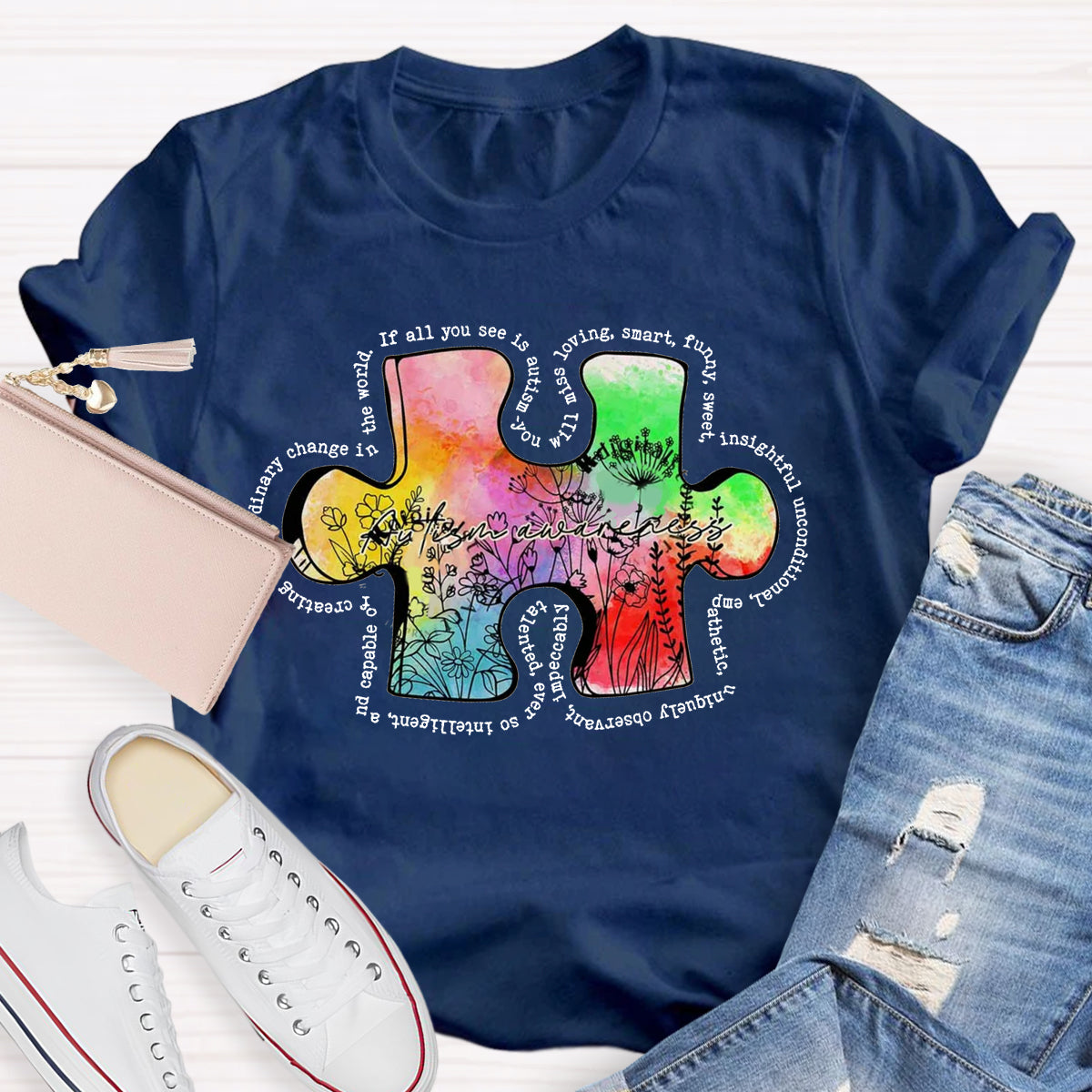 Retro Wildflower Colorful Autism Puzzle Design T-Shirt