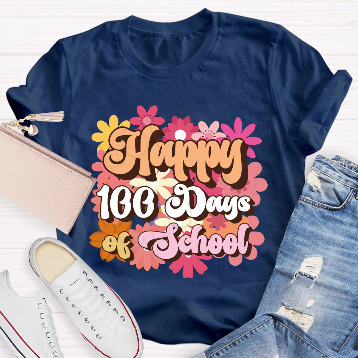 Happy 100 Days Of School Floral Printed T-Shirt