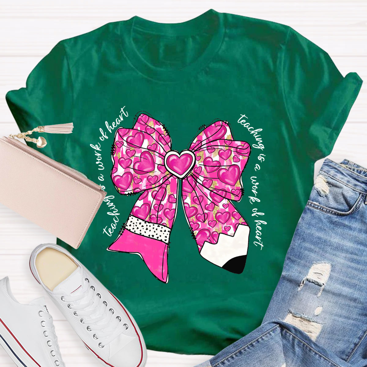 Teaching Is A Work Of Heart Pink Bow Teacher T-Shirt