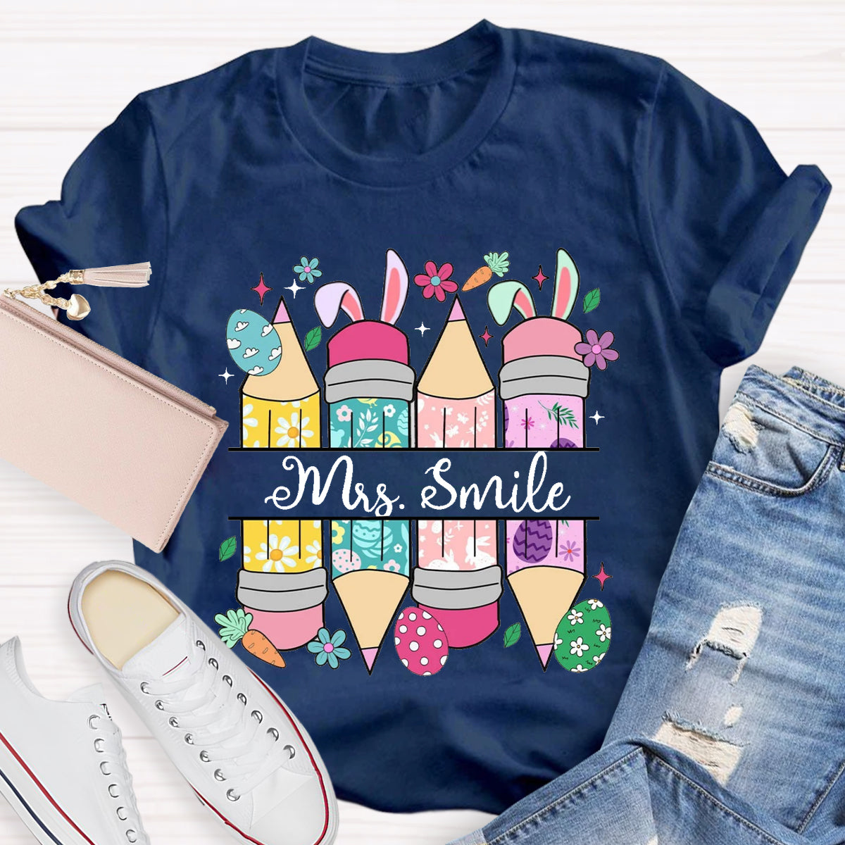 Personalized Name Easter Bunny Pencil Teacher T-Shirt