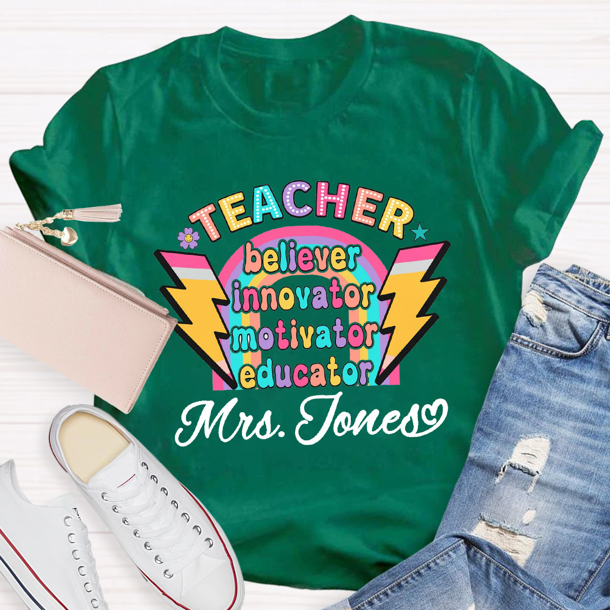 Personalized Name Teacher Believer Innovator Motivator T-Shirt