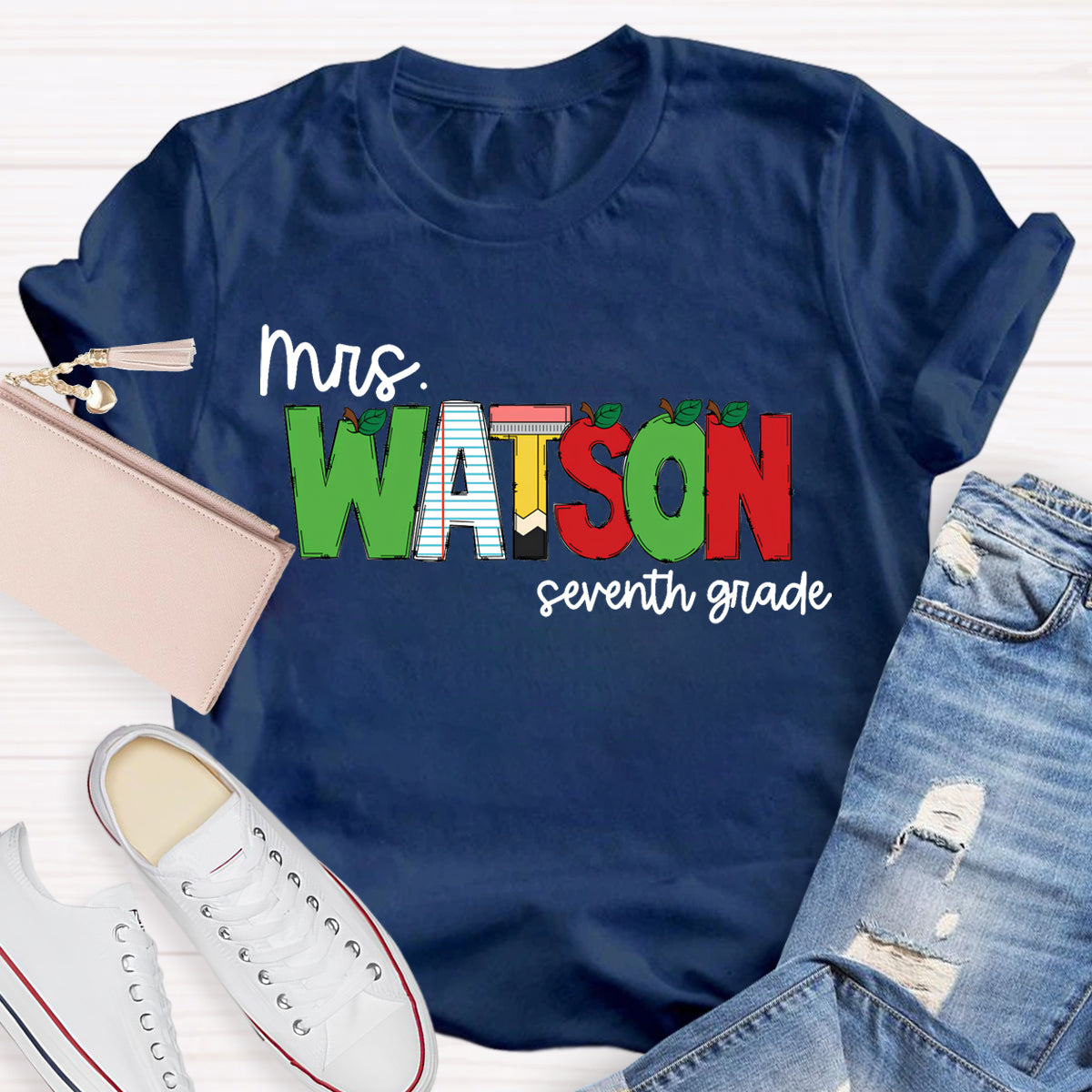 Personalized Name And Grade Green Red Color Block Teacher T-Shirt