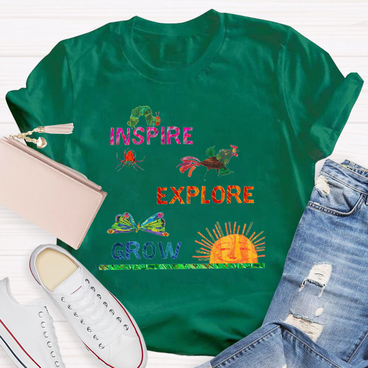 Inspire Explore Grow Caterpillar Grows Colorful Butterfly T-Shirt