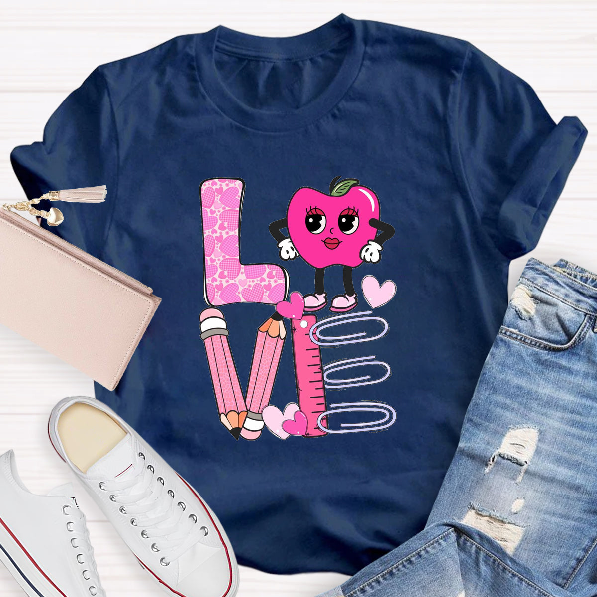 Pink Apple Love Teacher T-Shirt