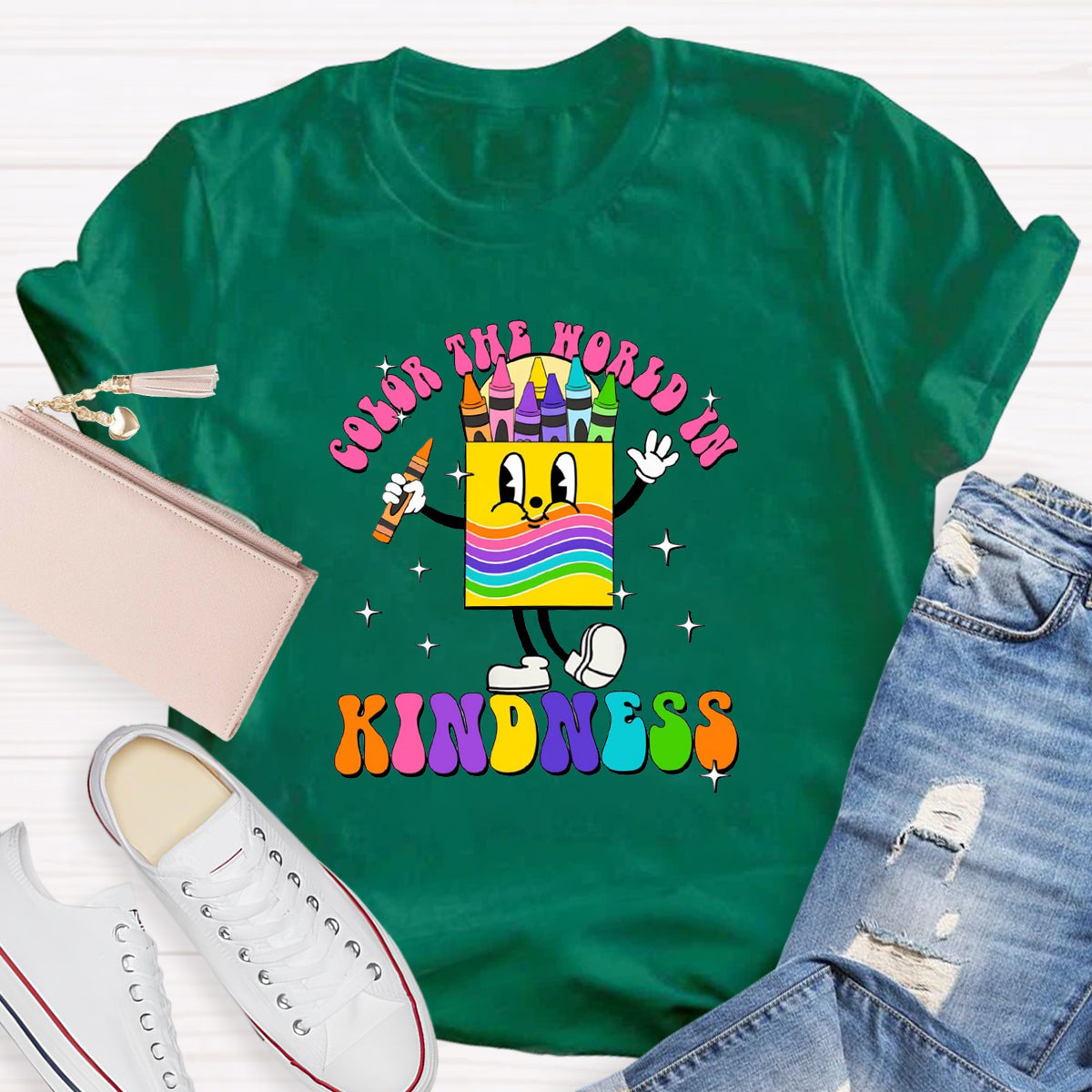 Color The World In Kindness Crayon Pencil Teacher T-Shirt