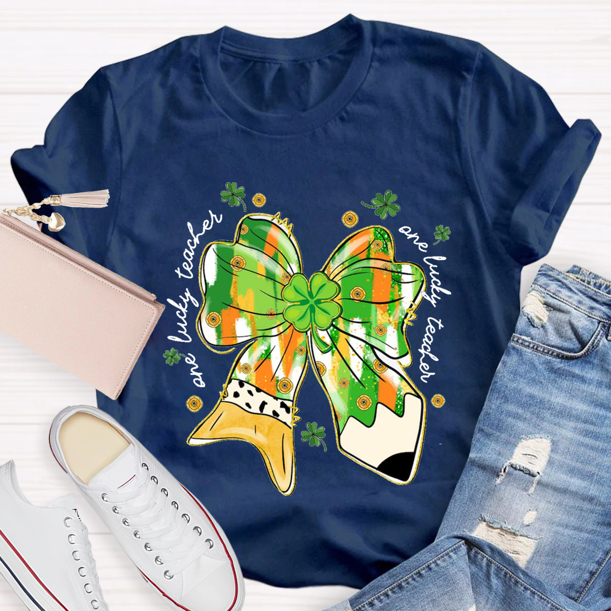 One Lucky Teacher Green Bow T-Shirt