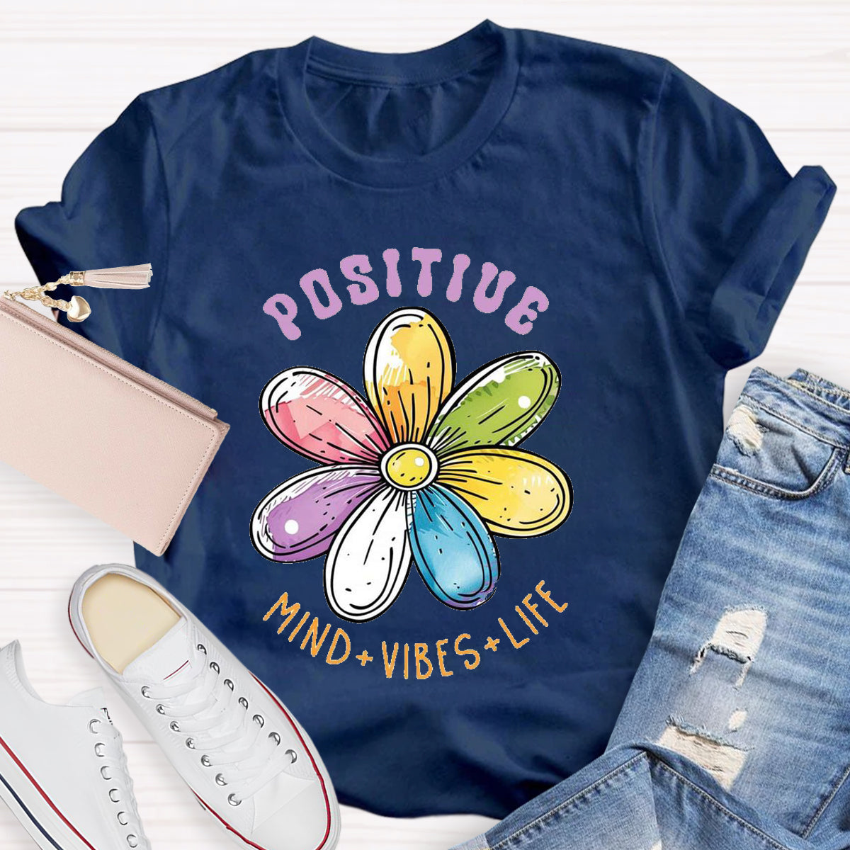 Positive Mind Vibes Life Floral Teacher T-Shirt