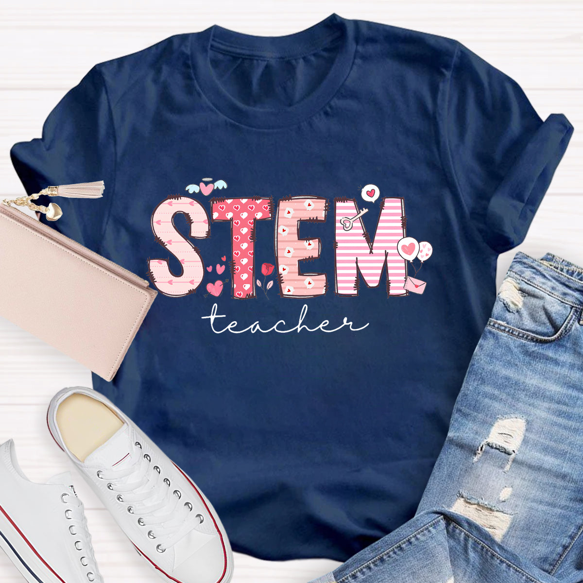 STEM Teacher Pink Heart Printed T-Shirt