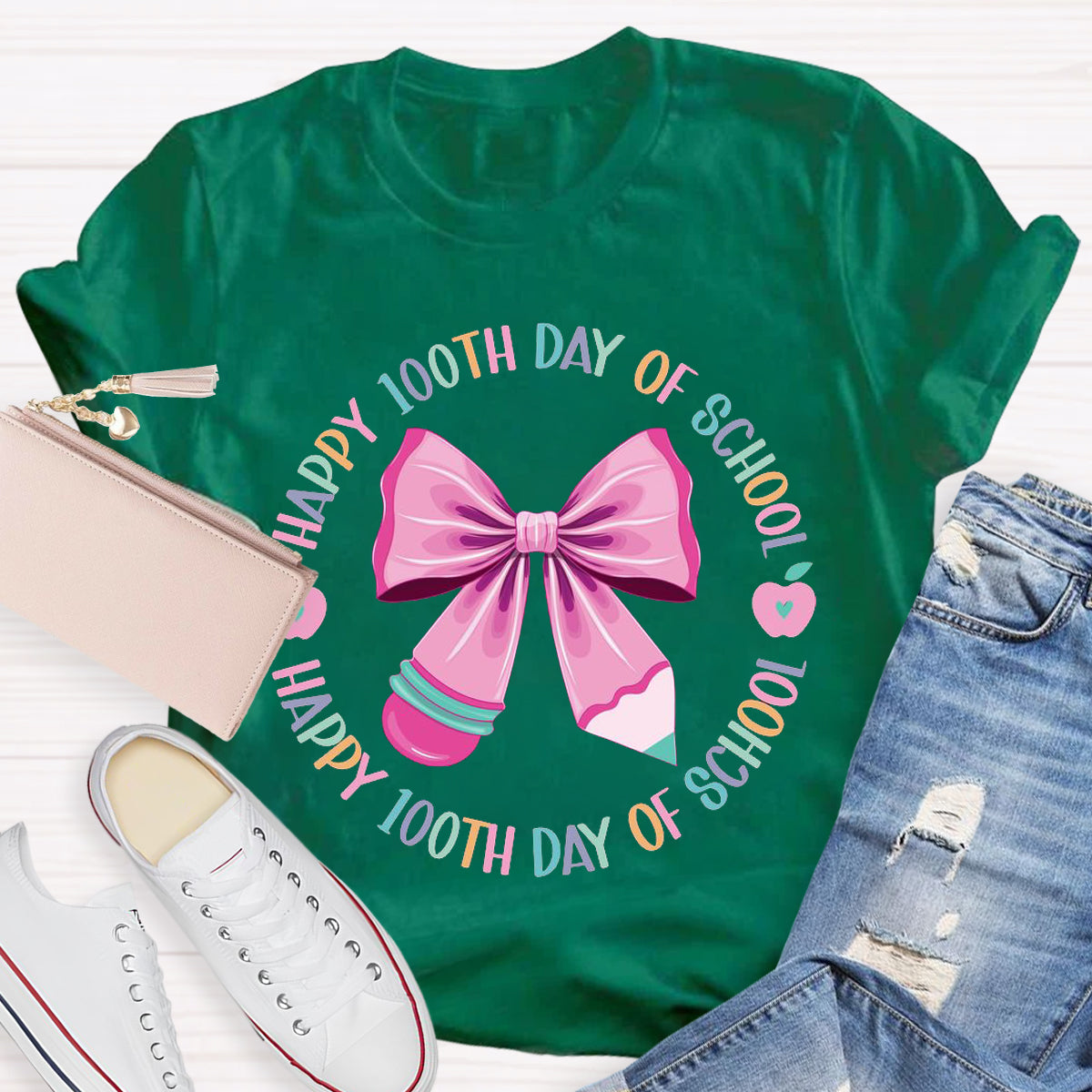 Happy 100th Days Of School Pink Bow Teacher T-Shirt