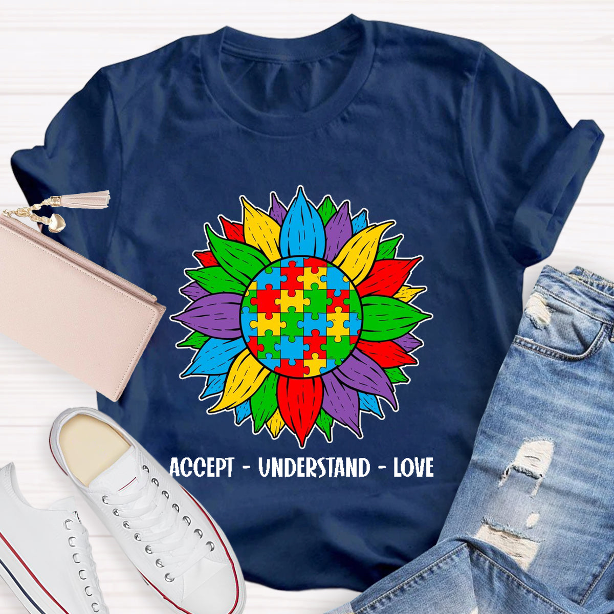 Accept Understand Love Colorful Sunflower Teacher T-Shirt