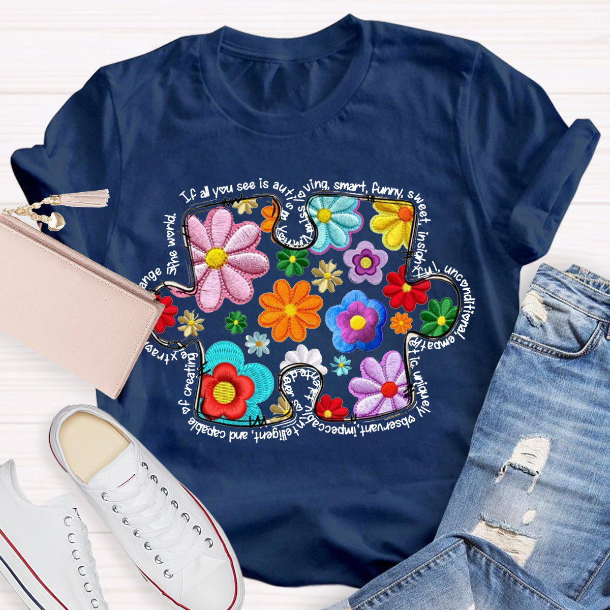 Floral Puzzle Pieces Austim T-Shirt