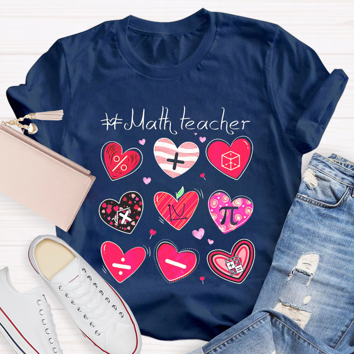 Red Heart Math Symbols Teacher T-Shirt