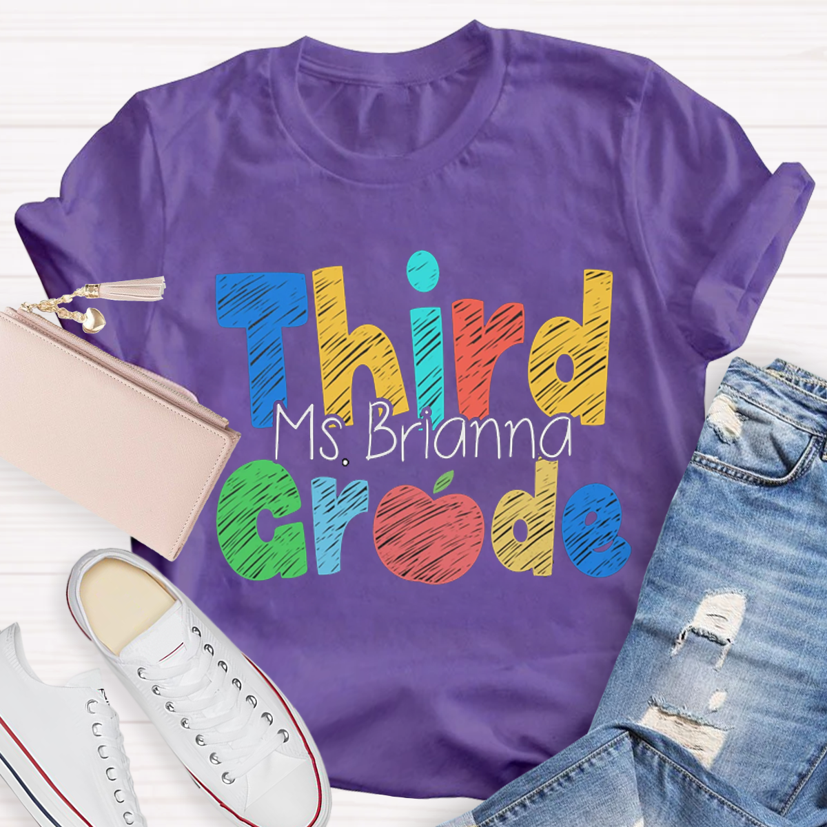 Personalize Grade Rainbow Apple Cute 4th Grade Teacher T-Shirt