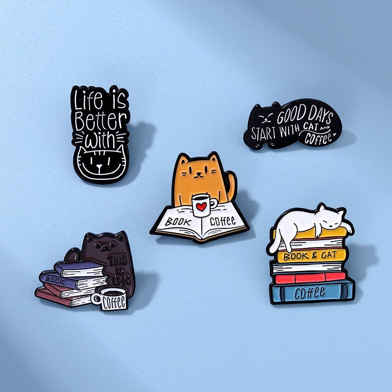 Cat Reading Book Metal Badge