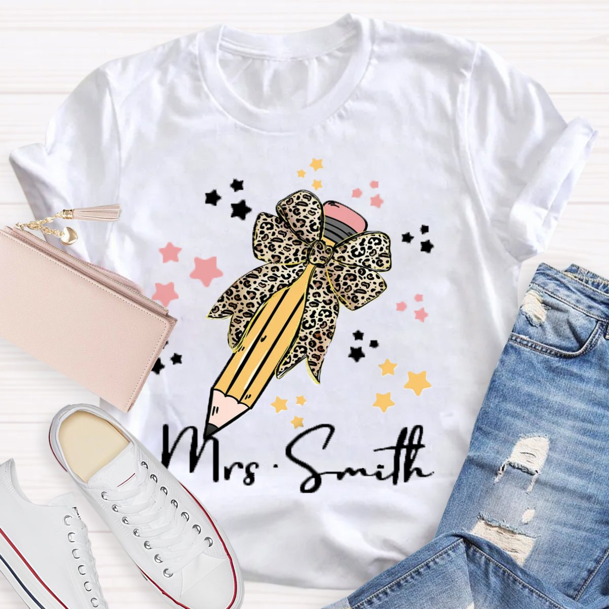 Personalized Name Leopard Bow Teacher Shirt