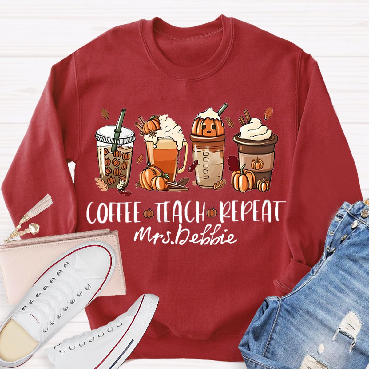 Personalized Name Halloween Coffee Teach Repeat Teacher Sweatshirt