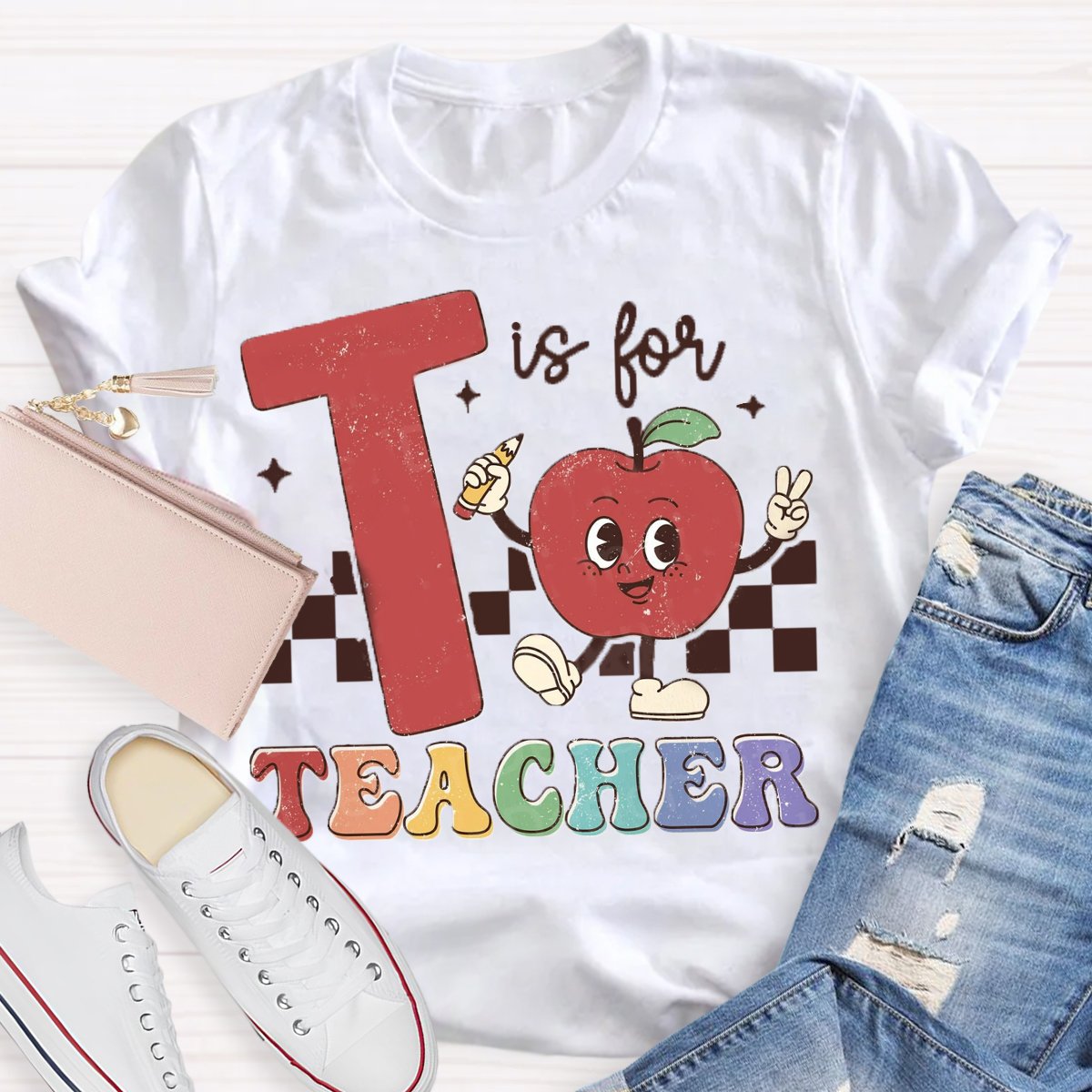 T is for teacher Apple Pencil Printed Back to school T-shirt