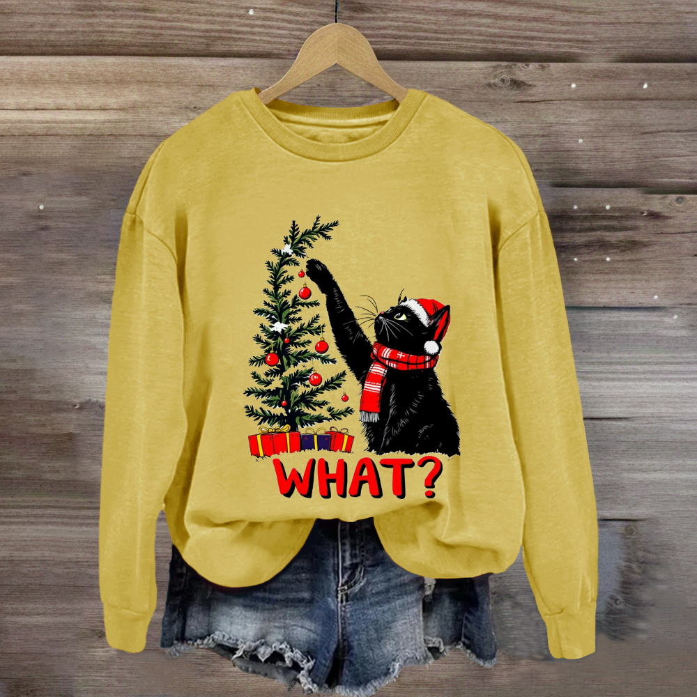 Black Cat Pushing Christmas Tree Sweatshirt