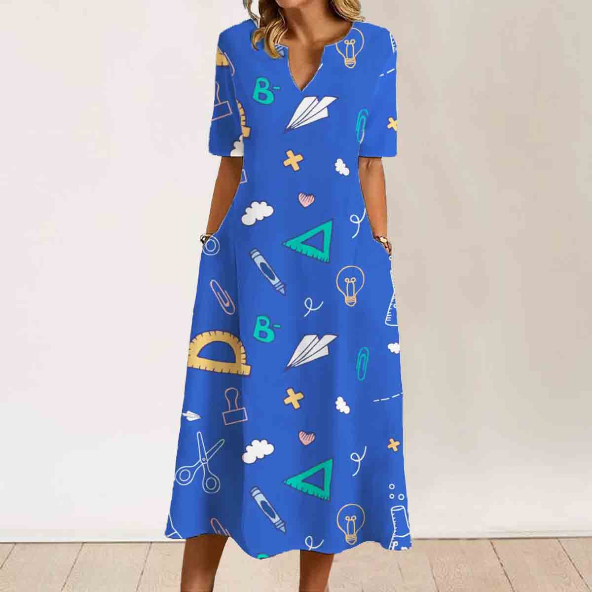 Simple Blue Stationery Print Dress