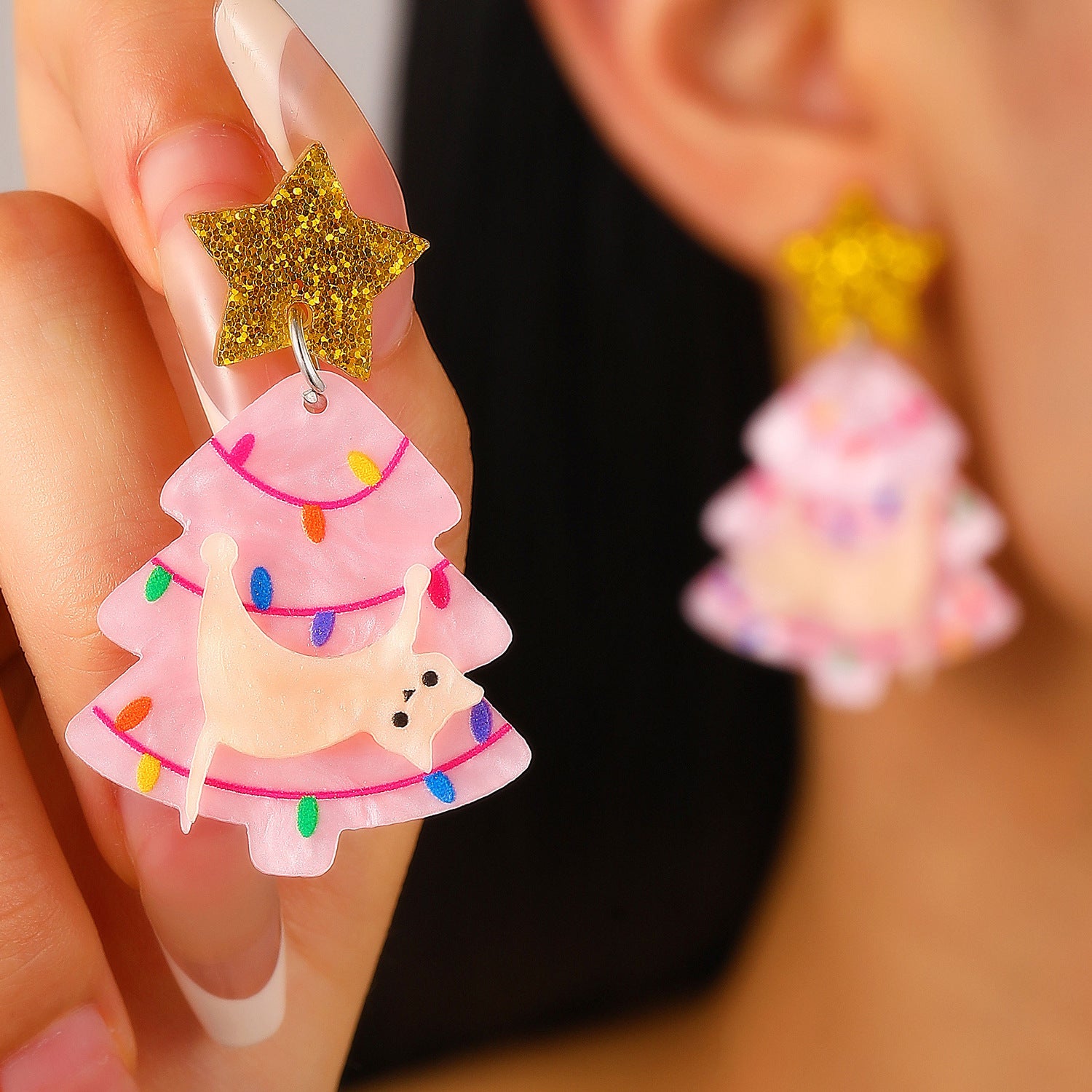 Christmas Tree Kitten Star Acrylic Earrings