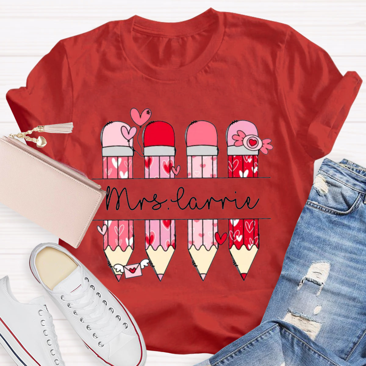 Personalized Name Valentine's Day Pink Pencil Teacher T-Shirt