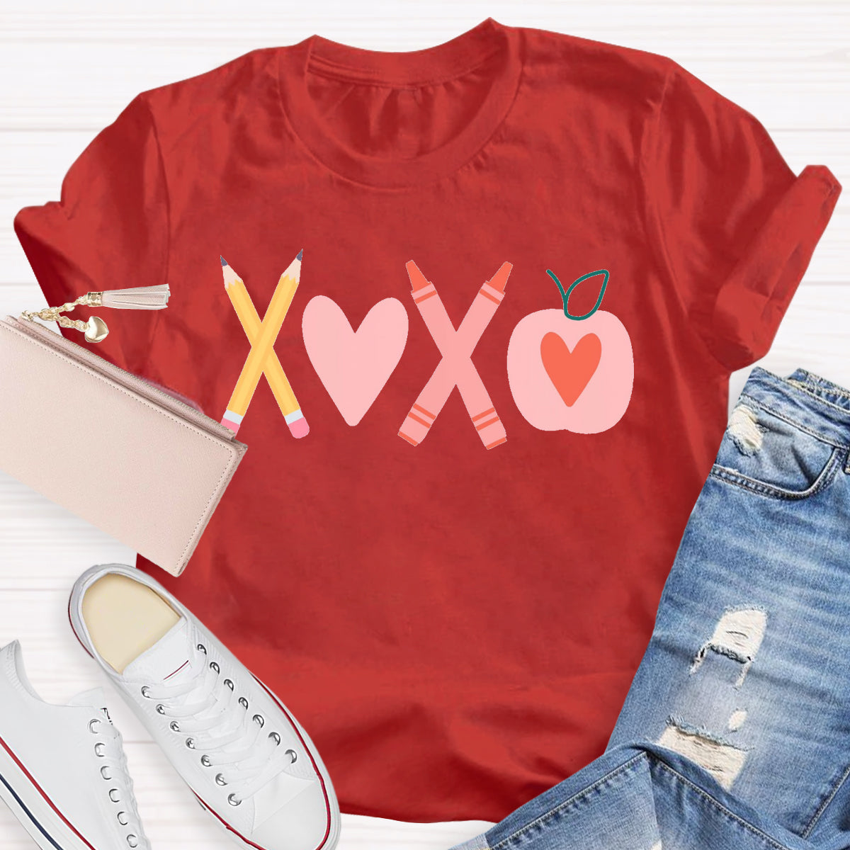 Valentine's Day Pencil Crayon Apple Teacher T-Shirt