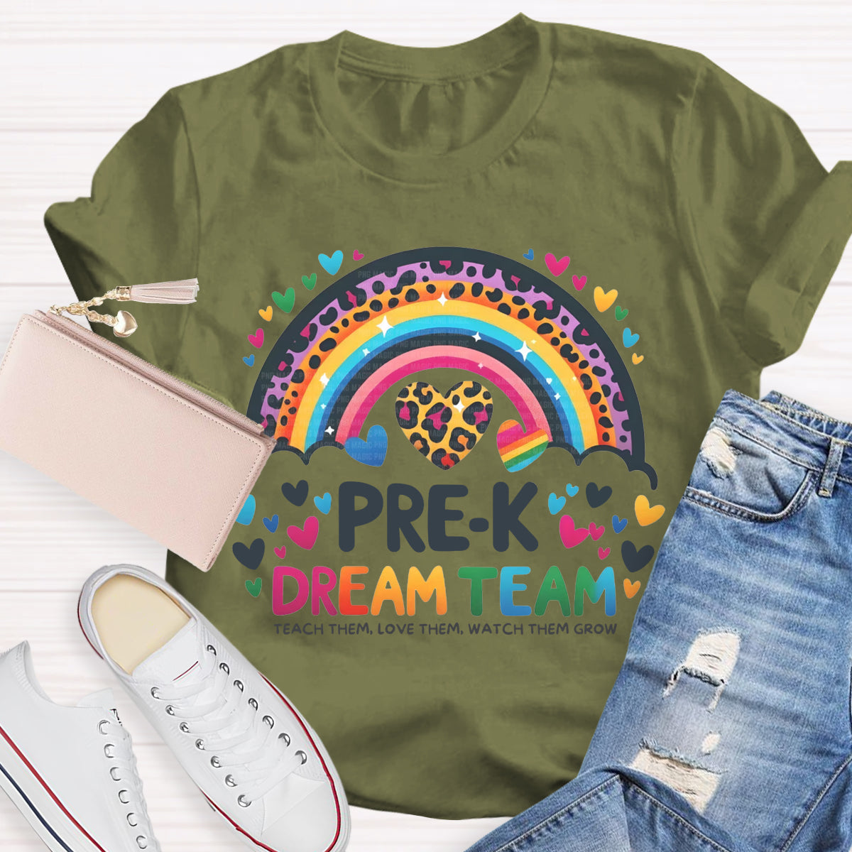 Personalized Grade Pre-K Dream Team Leopard Rainbow Teacher T-Shirt