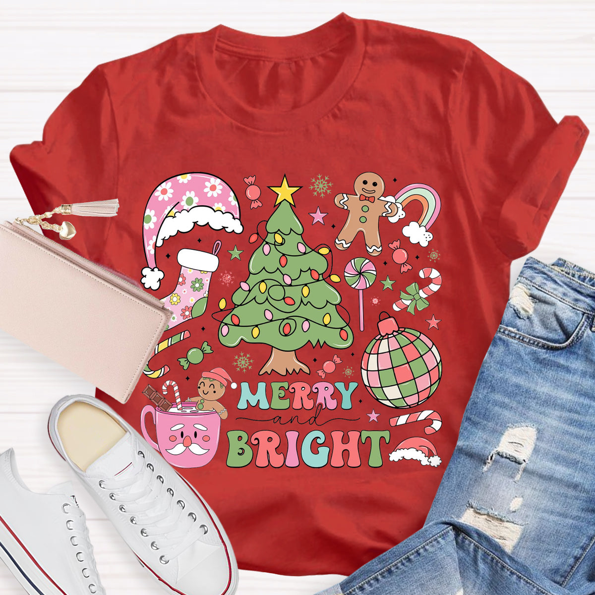 Merry And Bright Christmas Tree Teacher T-Shirt