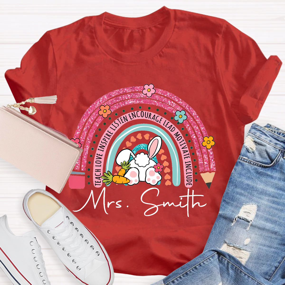 Personalized Name Easter Pink Pencil Rainbow T-Shirt