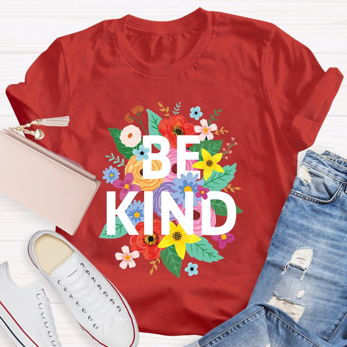 Colorful Flower Be Kind Teacher T-Shirt