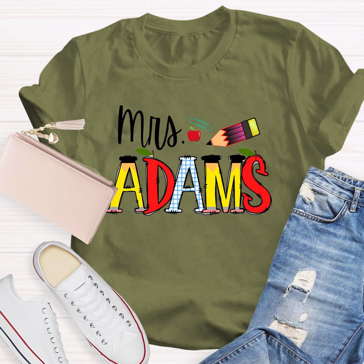 Personalized Teacher Name Apple Pencil T-Shirt