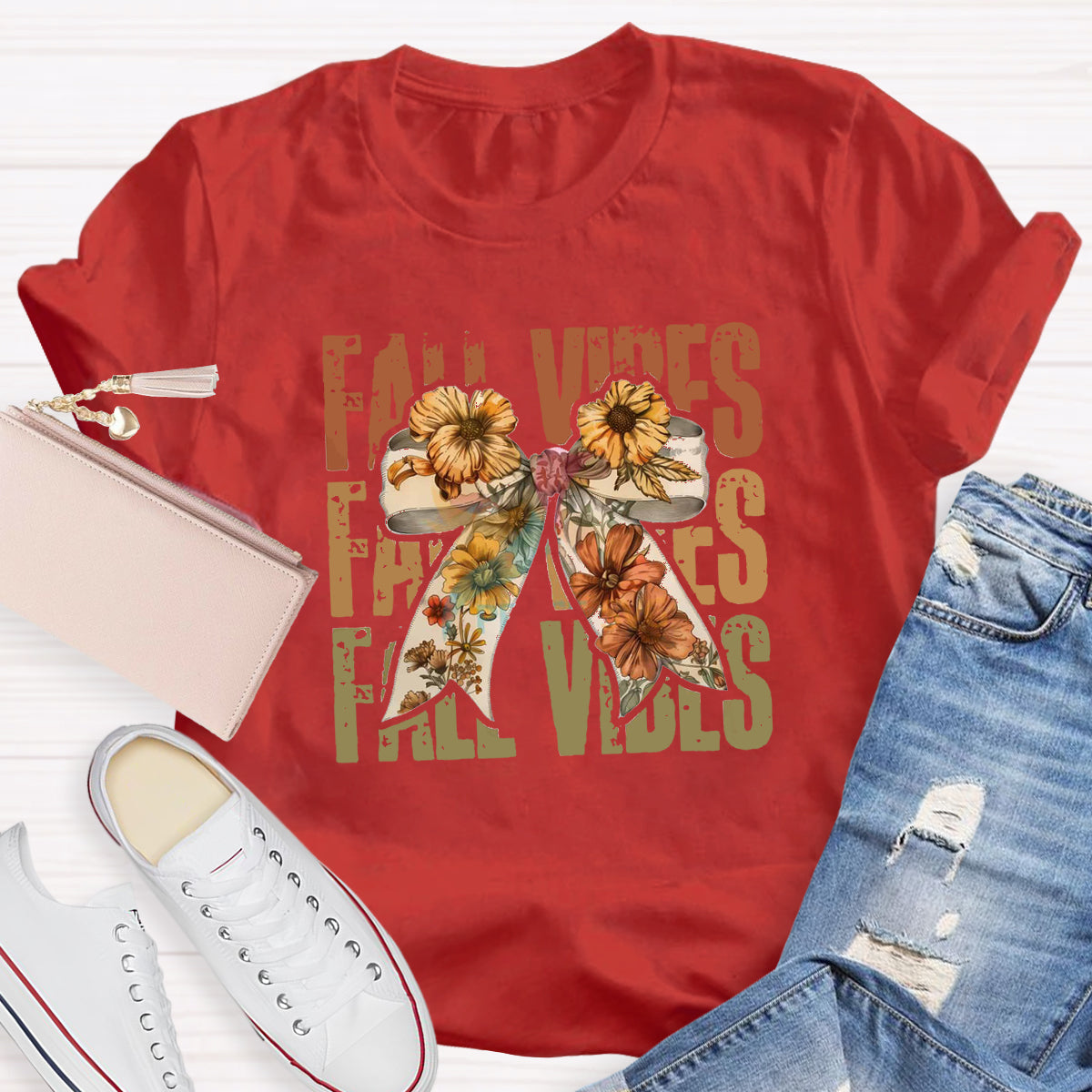 Bow Flowers Thanksgiving Autumn Fall Vibes T-Shirt