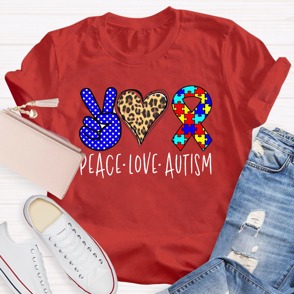 Peace love Autism Leopard Heart T-Shirt