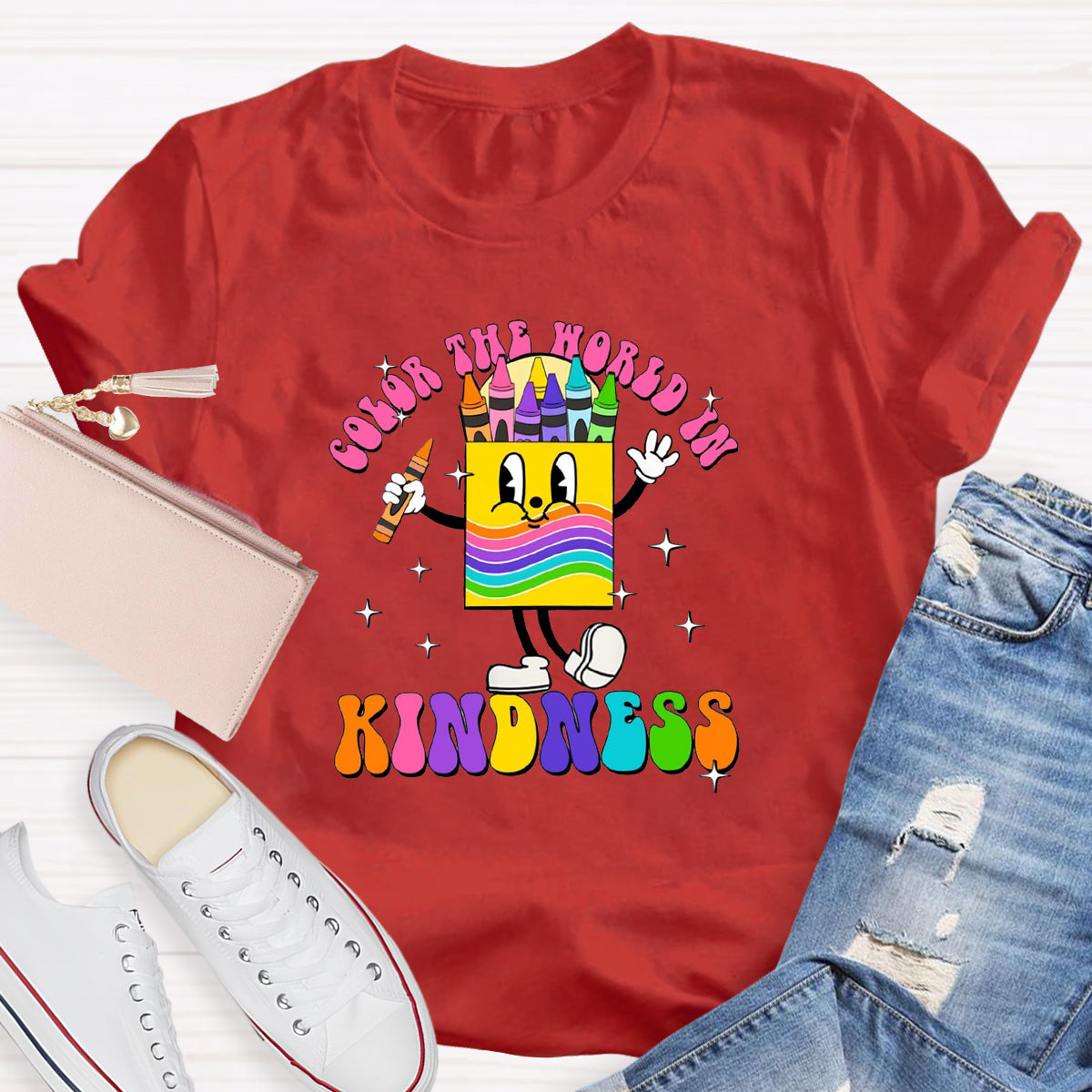 Color The World In Kindness Crayon Pencil Teacher T-Shirt