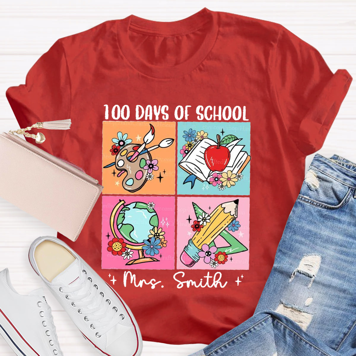 Personalized Name 100 Days Of School Pencil Apple T-Shirt