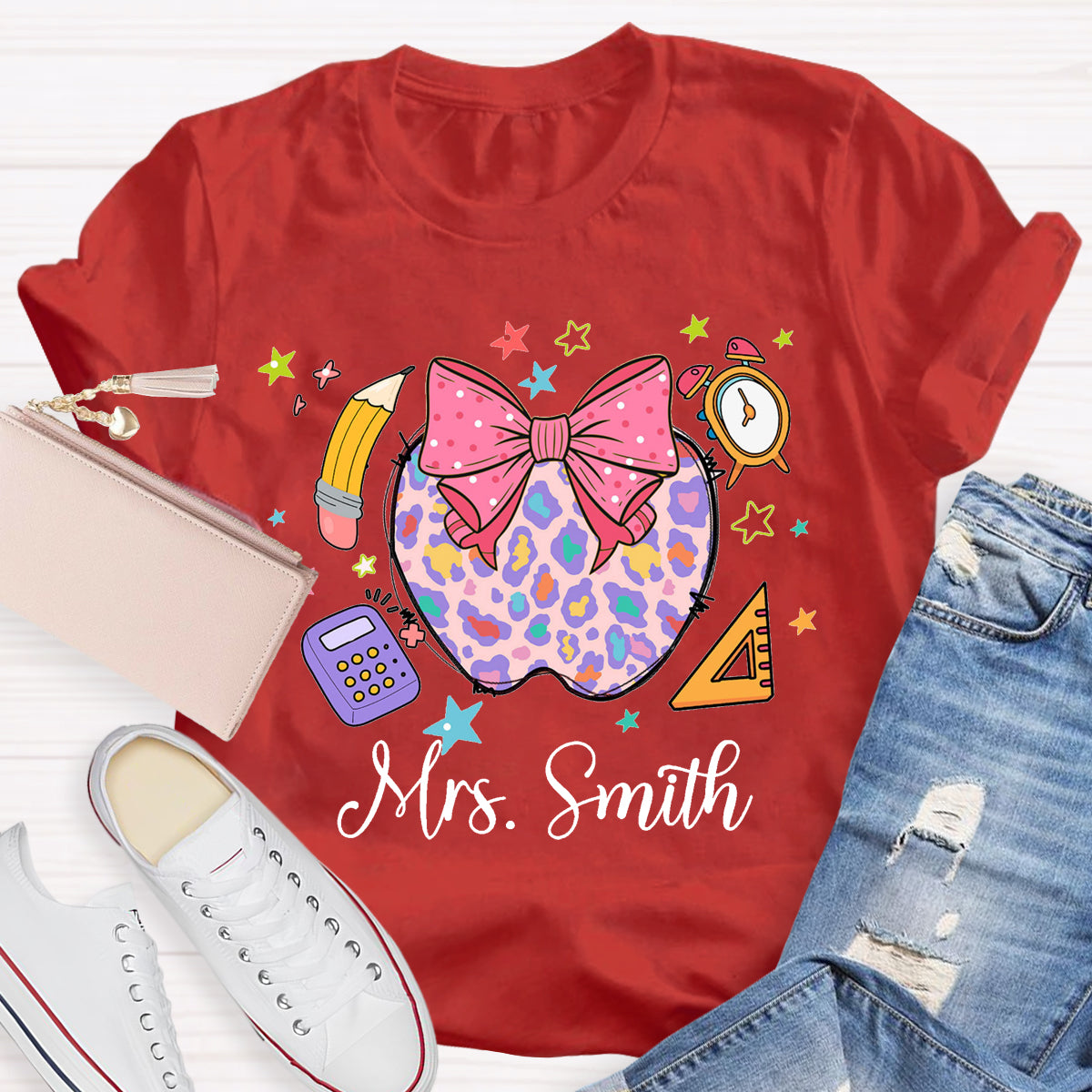 Personalized Name Leopard Apple Teacher T-Shirt