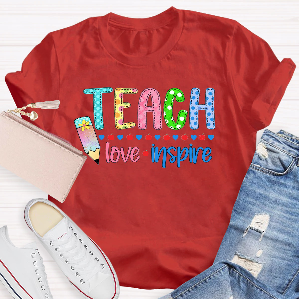 Teach Love Inspire Pencil Apple Printed T-Shirt